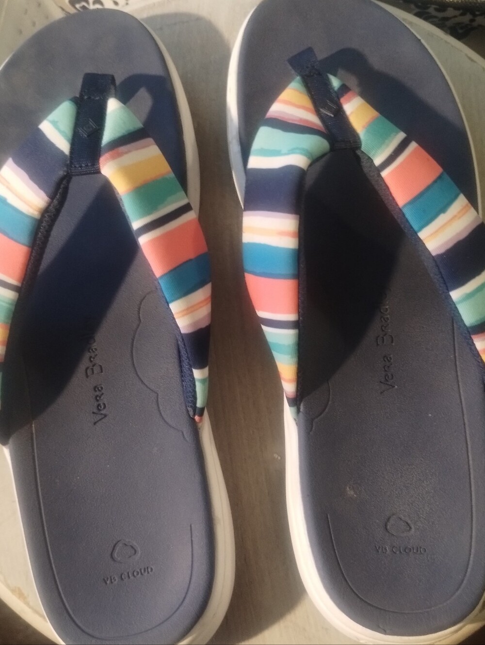 Vera Bradley Navy Flip Flop Sandals with Multicolor Striped Straps